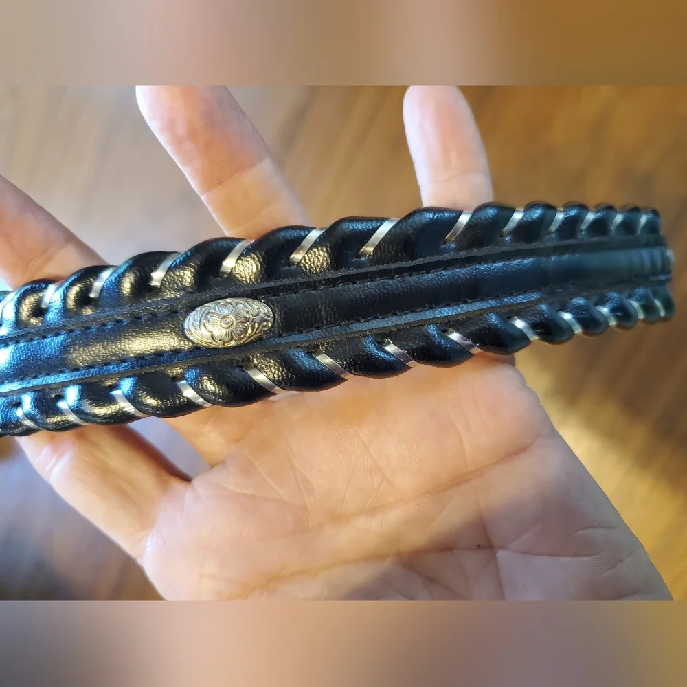 Vintage Dundee Black Braided Leather Belt Silver Interwoven & Western Buckle 28